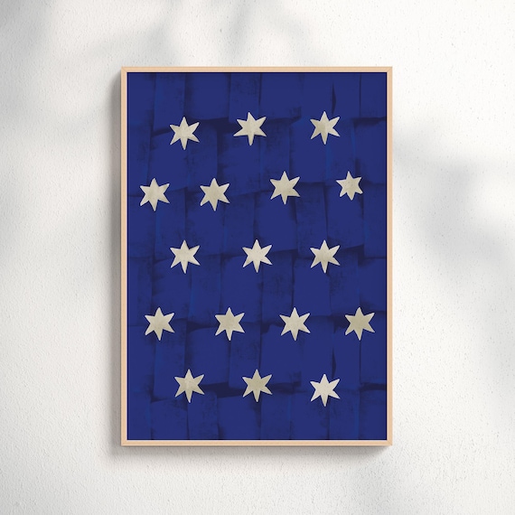 Navy Blue Cream Stars Textured Grid Minimalist Dreamy Art Poster