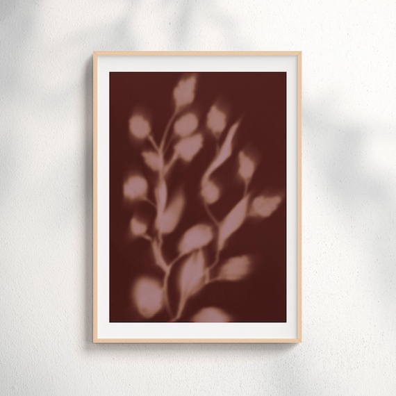 Moody Brown Botanical Shadow Pink Leaves Minimal Nature Decor Poster