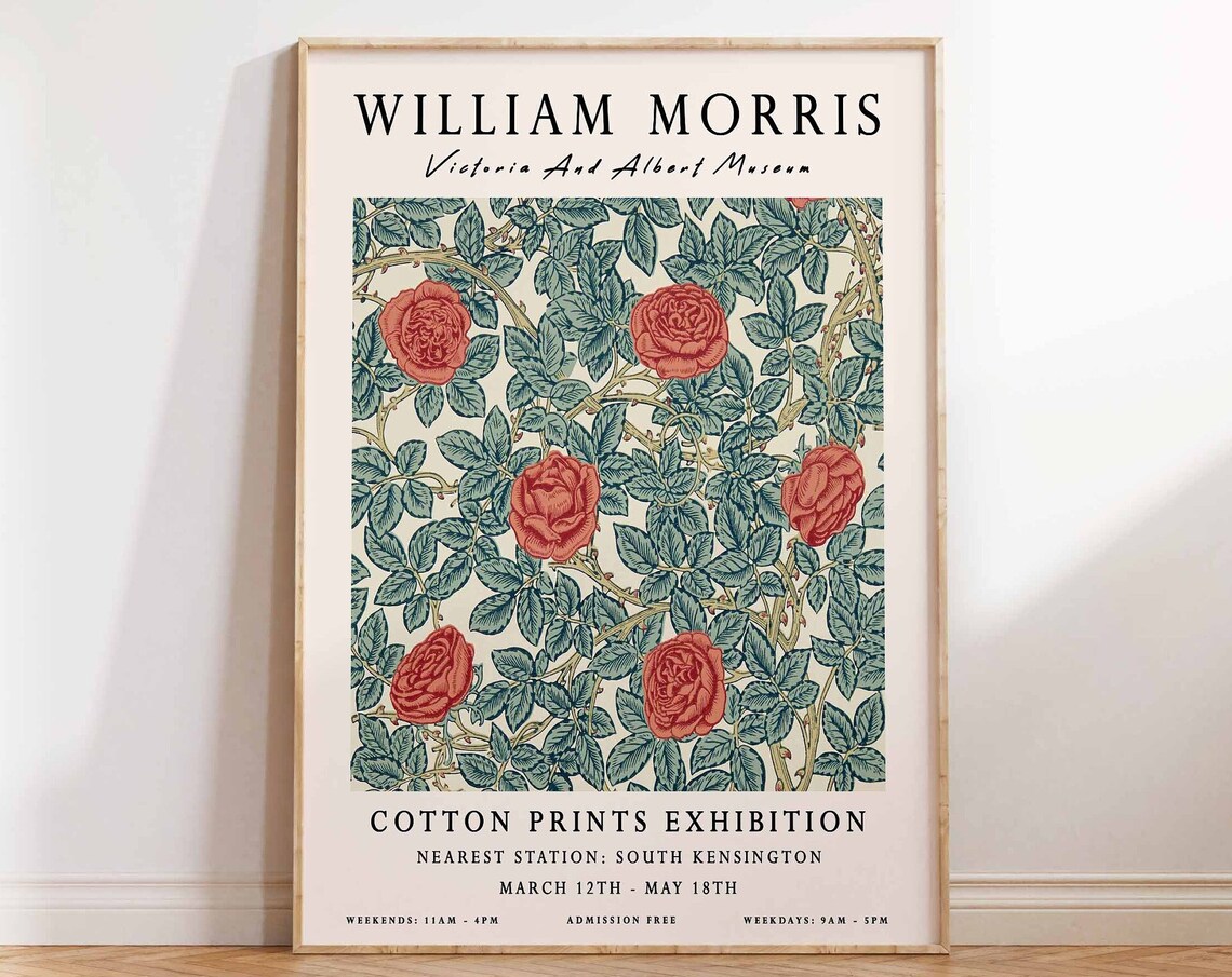William Morris Red Roses Cotton Prints Exhibition Vintage Floral Poster