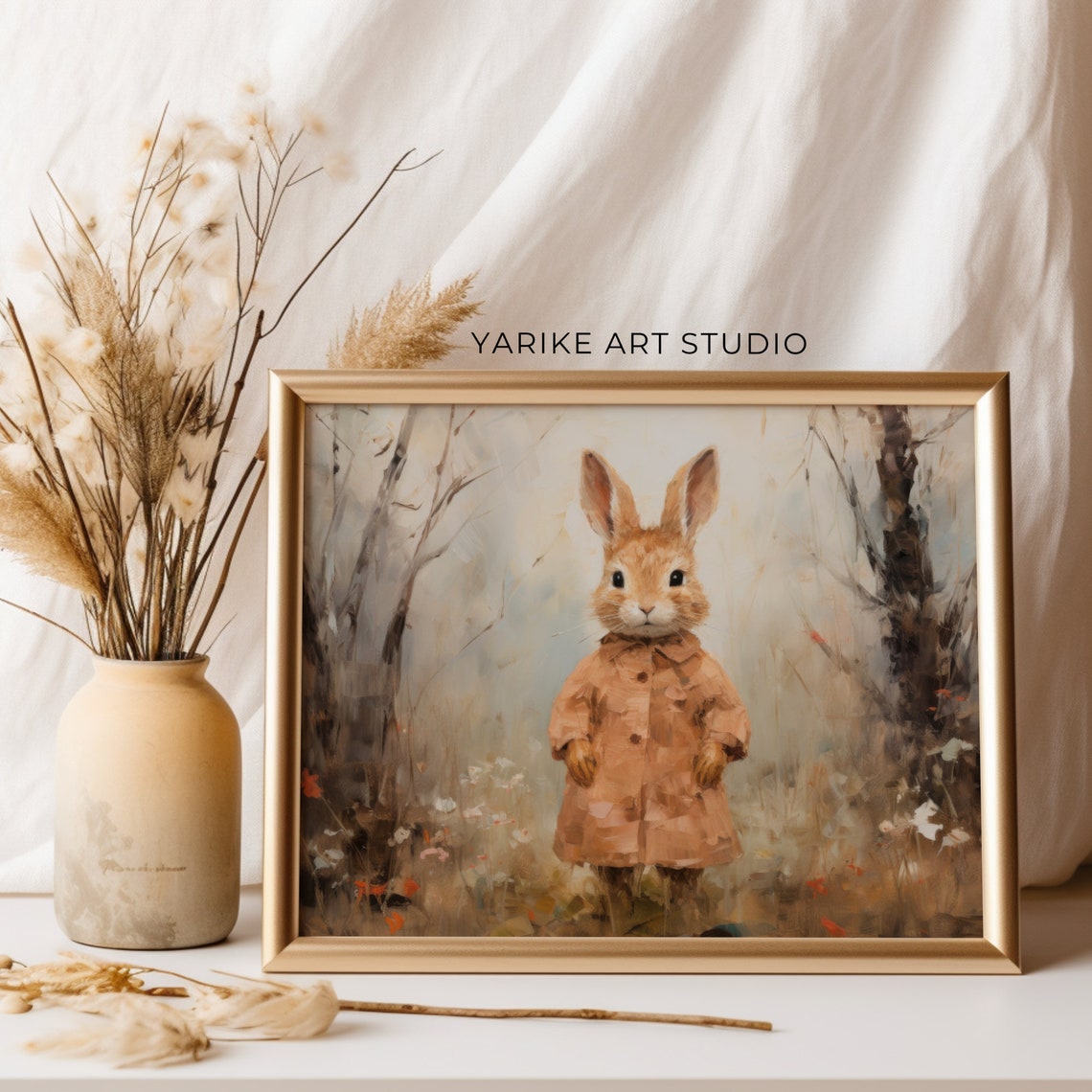 Charming Bunny Wearing a Coat Cottagecore Portrait Painting Poster - Image 3