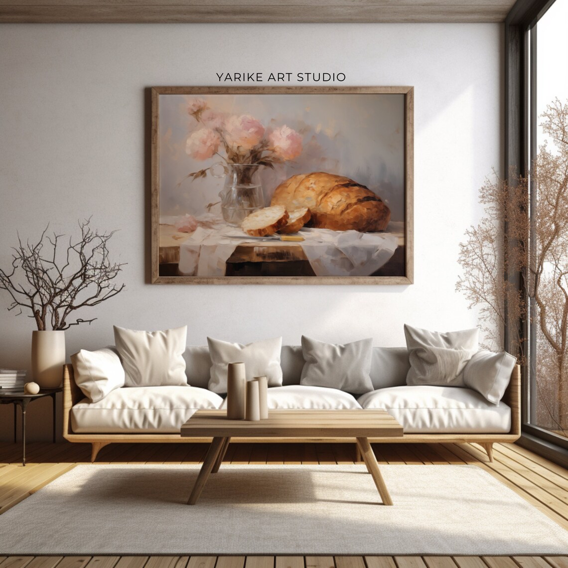 Vintage Rustic Bread And Pink Peonies Still Life Farmhouse Poster - Image 3
