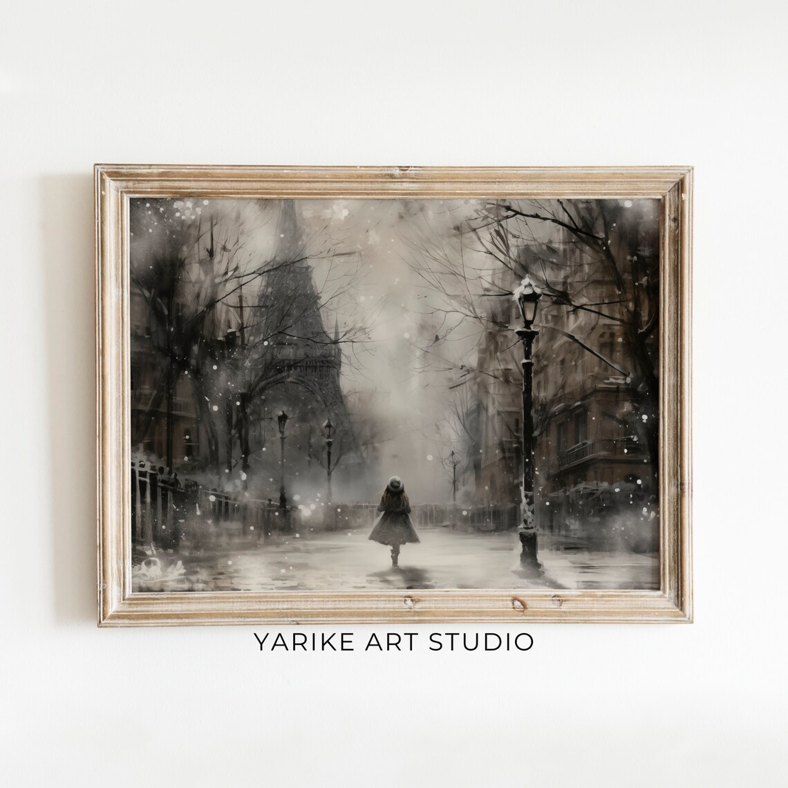Snowy Paris Street Eiffel Tower Moody Girl Walking Winter Poster