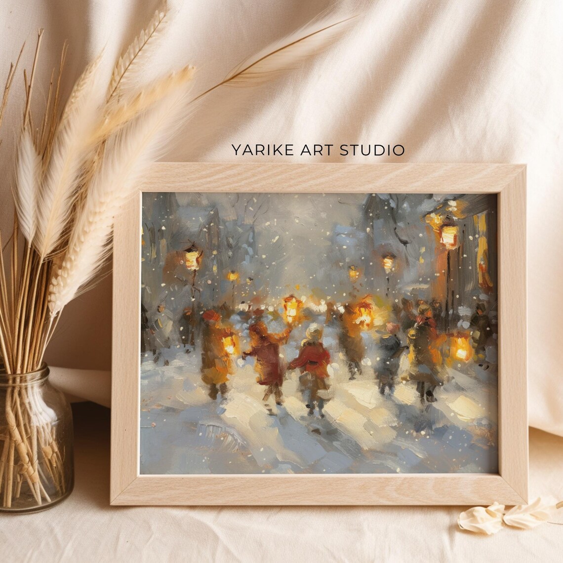 Children With Lanterns On Snowy Winter Night Street Scene Poster - Image 4