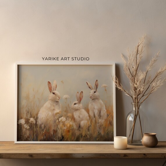 Three White Rabbits in Golden Meadow Vintage Rabbit Art Poster