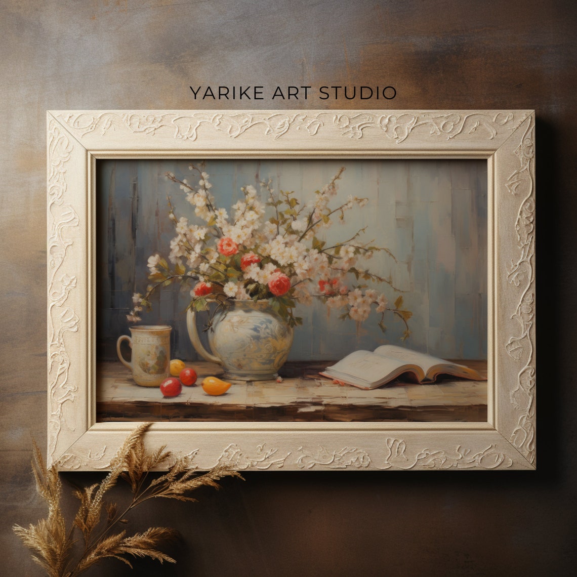White Blossom and Rose Vase with Open Book Still Life Poster - Image 5