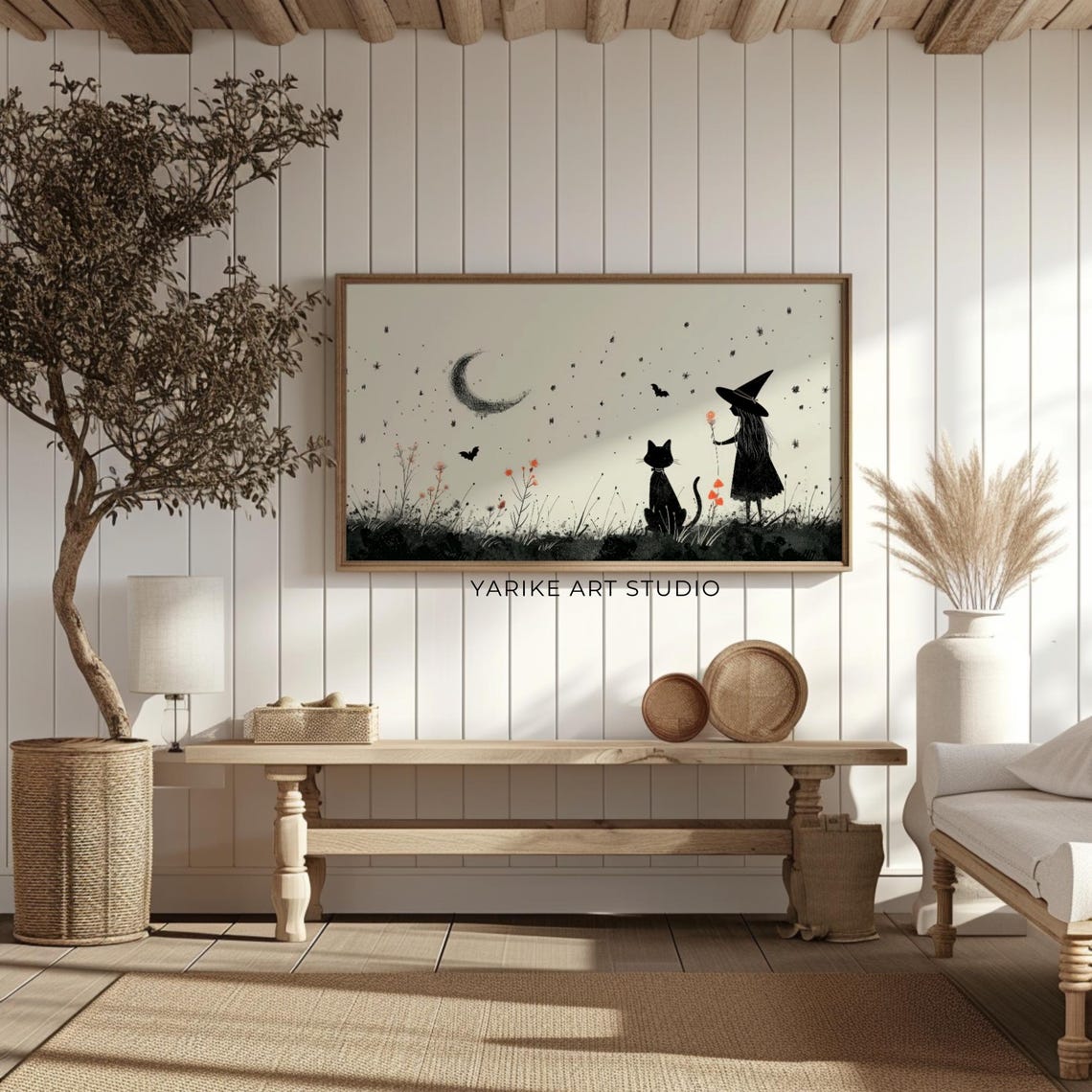 Witch and Black Cat Silhouette Crescent Moon Minimalist Art Poster - Image 2