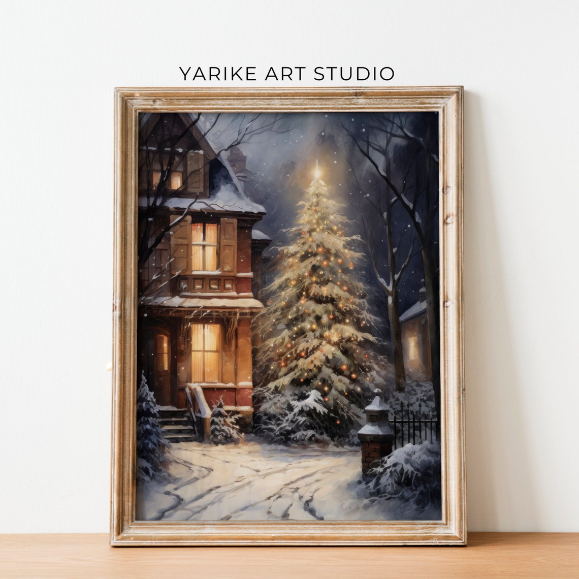 Glowing Christmas Tree Before Snowy Victorian House Night Scene Poster - Image 2