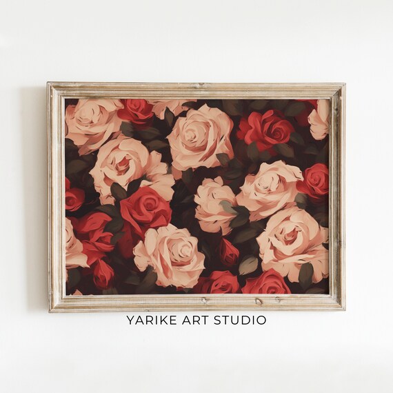 Moody Pink Red Roses Botanical Tapestry Wall Art Flower Pattern Wall Print Floral Art Yarike Art Studio 294 Ai