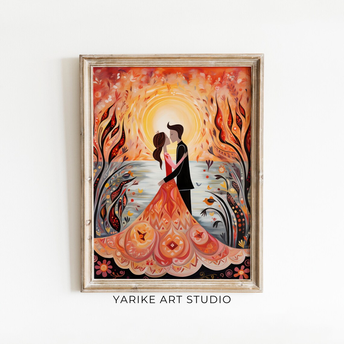 Romantic Folk Art Couple Embracing By Sunset Lake Vintage Wall Art