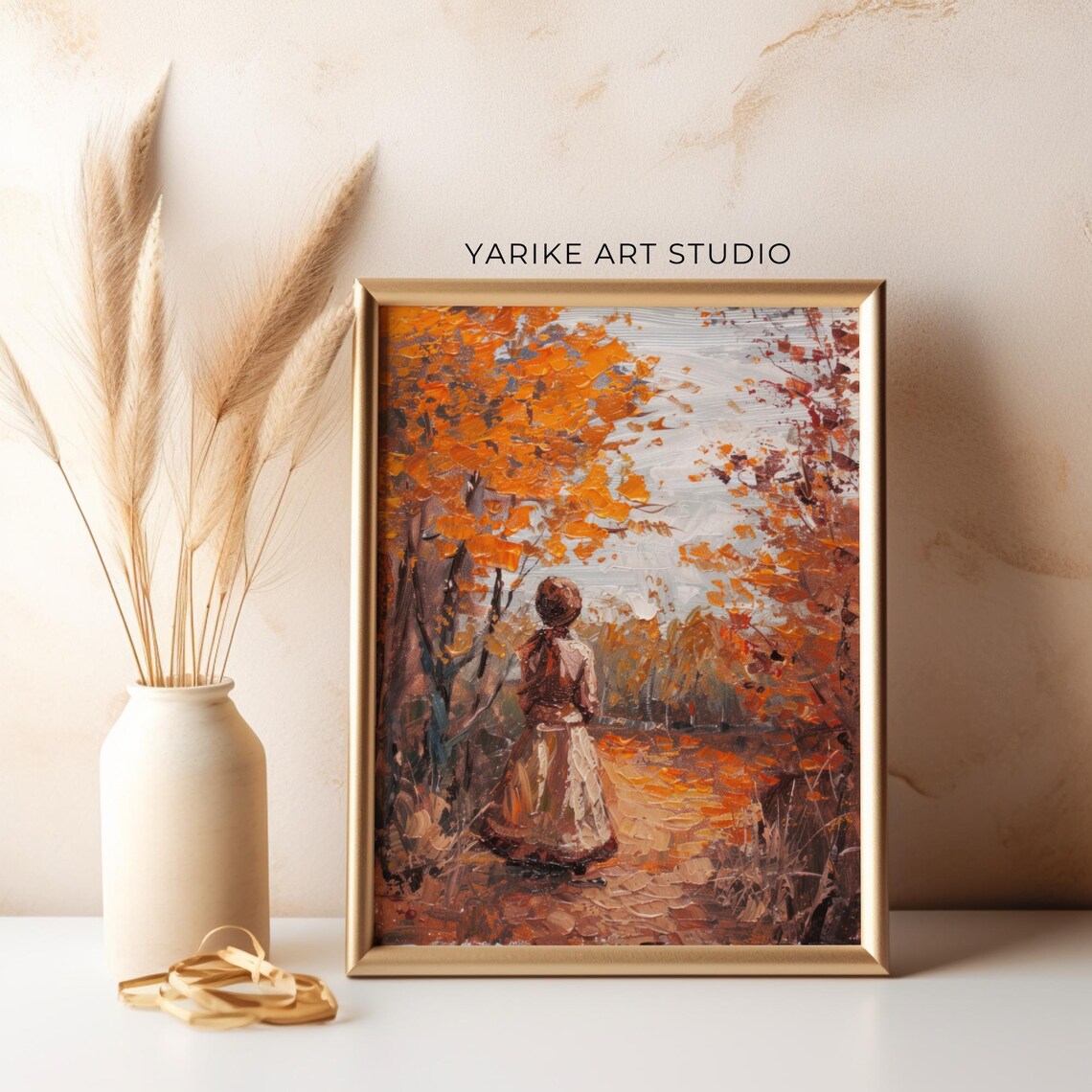 Woman In Rustic Dress Among Fiery Orange Autumn Trees Poster - Image 5
