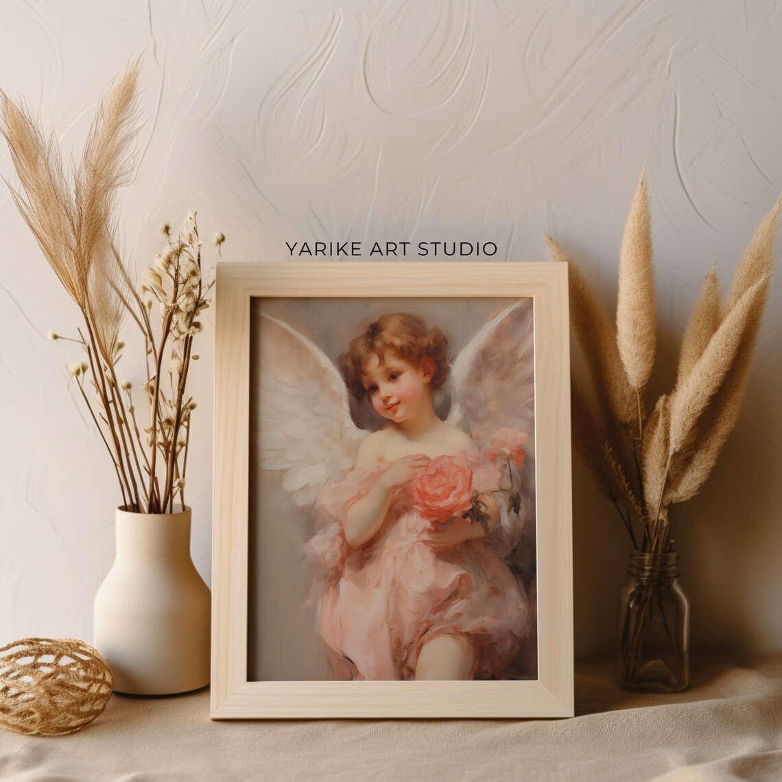 Cherub Child in Pink Dress Holding Rose Vintage Painting Poster - Image 2