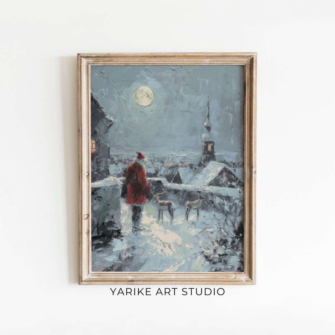 Santa Claus Reindeer Painting Vintage Father Christmas On Roof Print Winter Xmas Holiday Wall Art Cabin Christmas Decor 874