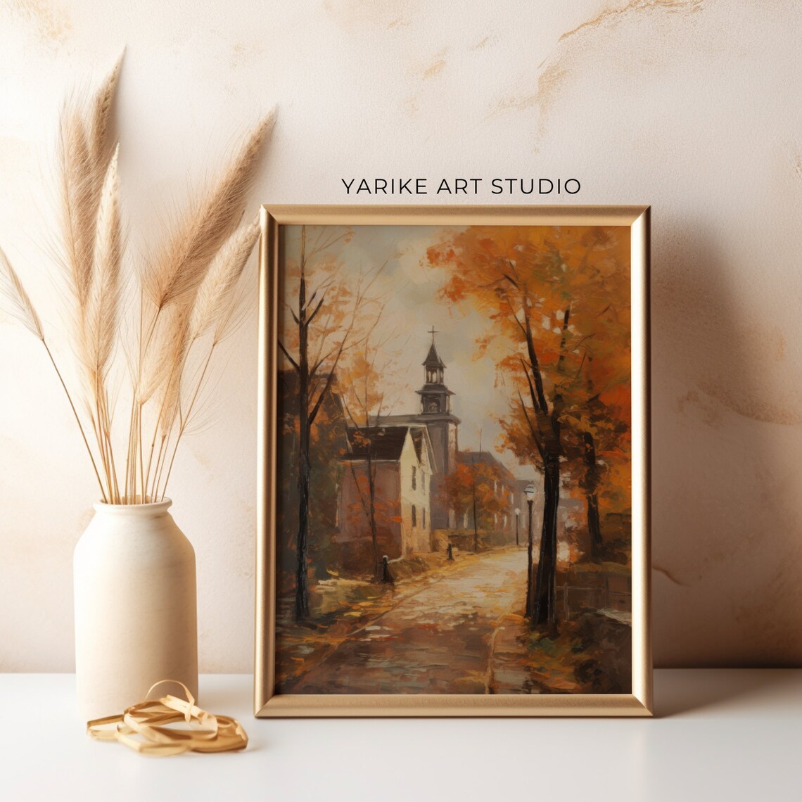 Vintage Autumn Town Street With Church Steeple Golden Trees Poster - Image 3