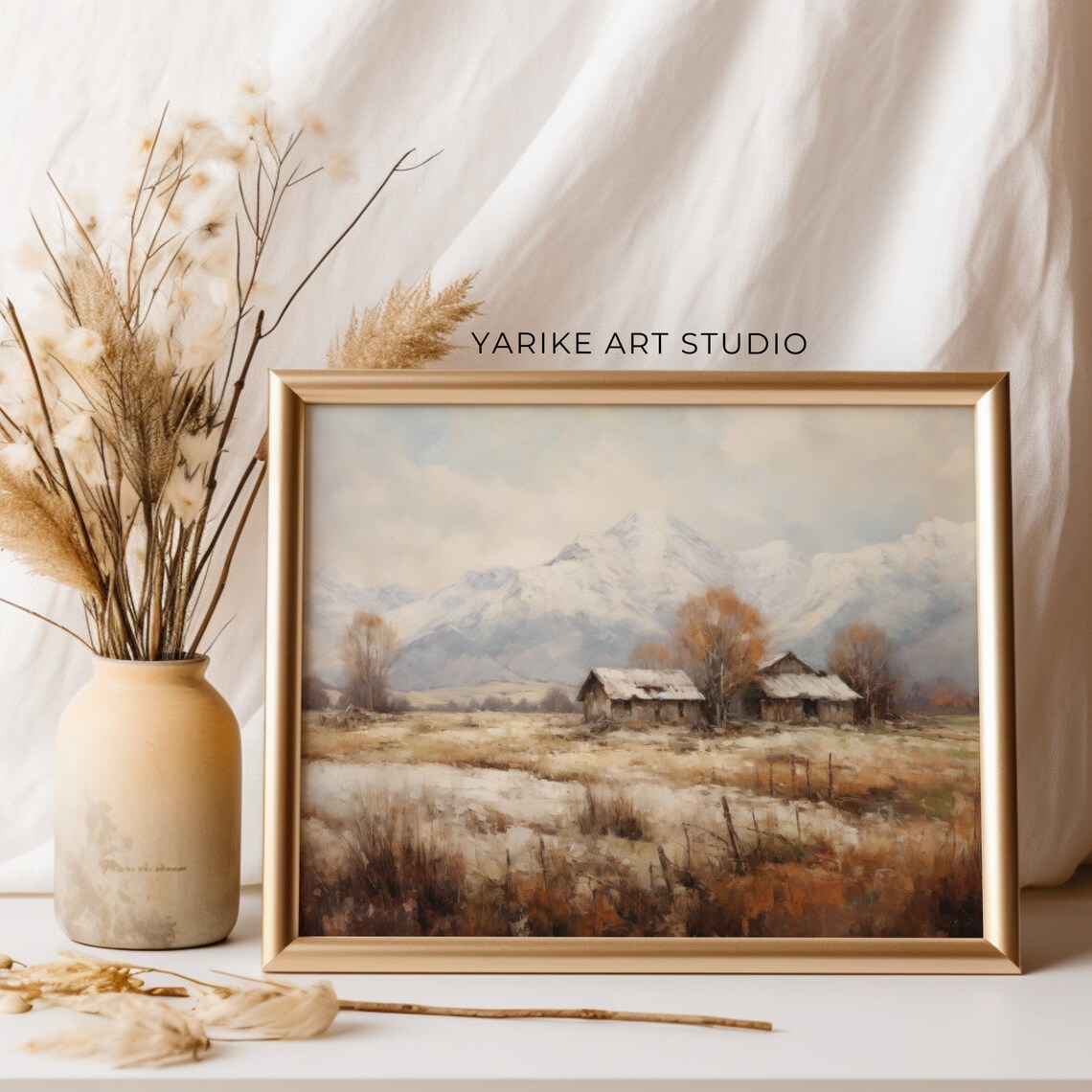Vintage Winter Cabin Snowy Mountain Landscape Rustic Oil Painting Poster - Image 4