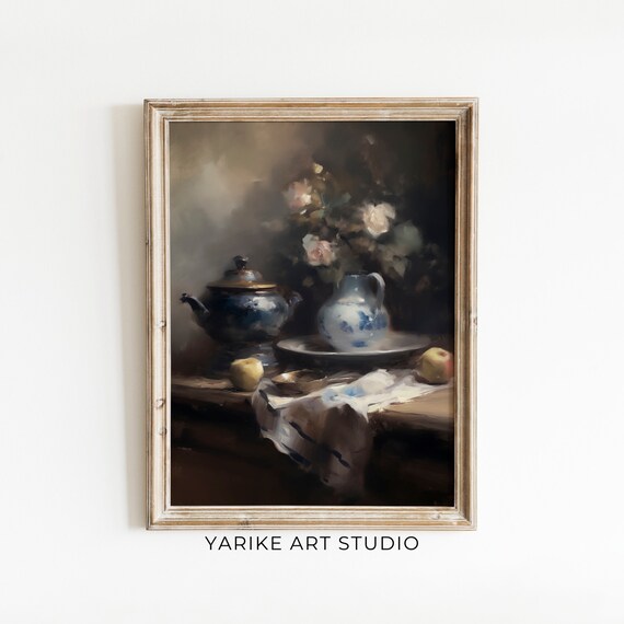 Antique Moody Still Life Original Painting Farmhouse Kitchen Print Dark Botanical Print Art Yarike Art Studio 241 Ai