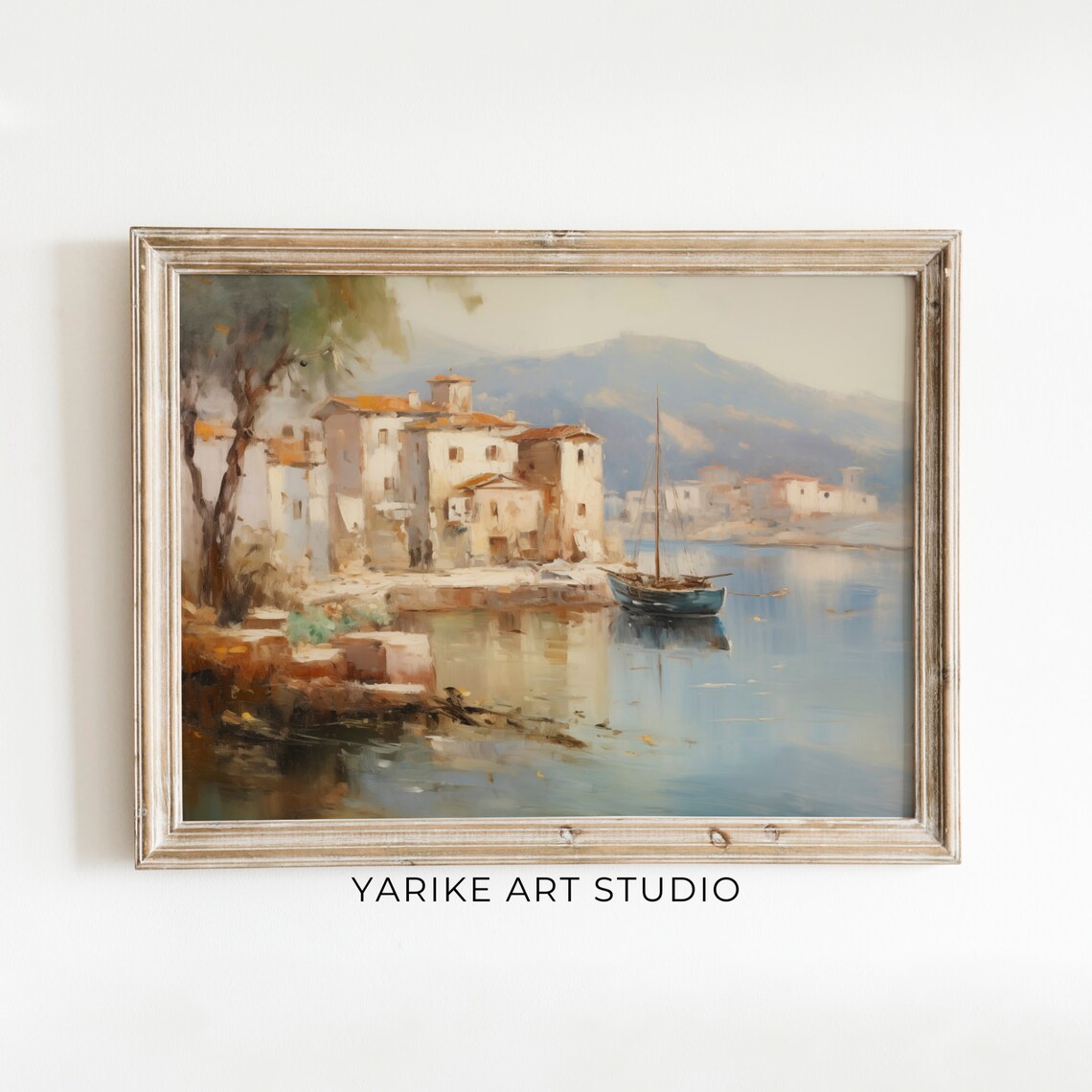 Muted Coastal Sailboat Mediterranean Village Seascape Poster