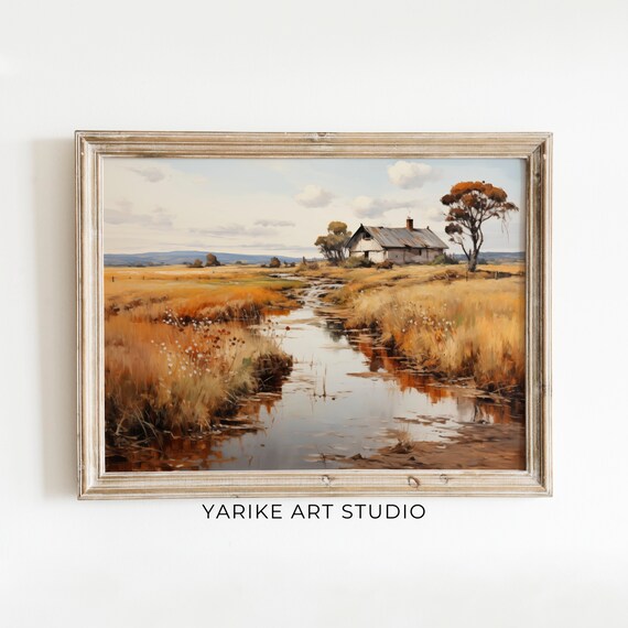 Wooden Farmhouse Stream Golden Autumn Field Countryside Poster