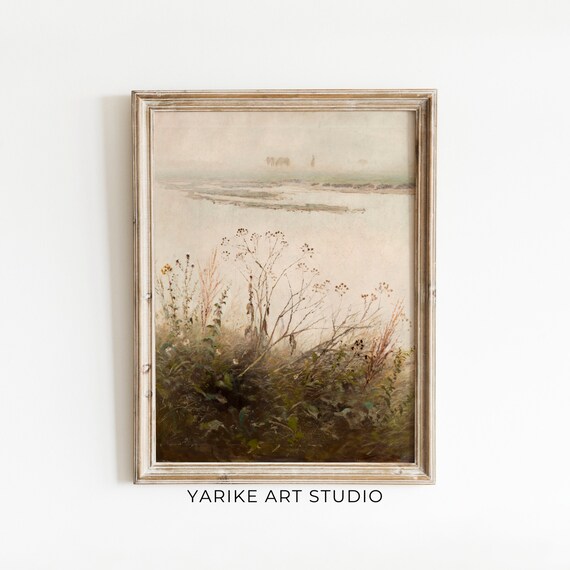 Misty River Wetland Wild Grasses Minimal Vintage Landscape Poster