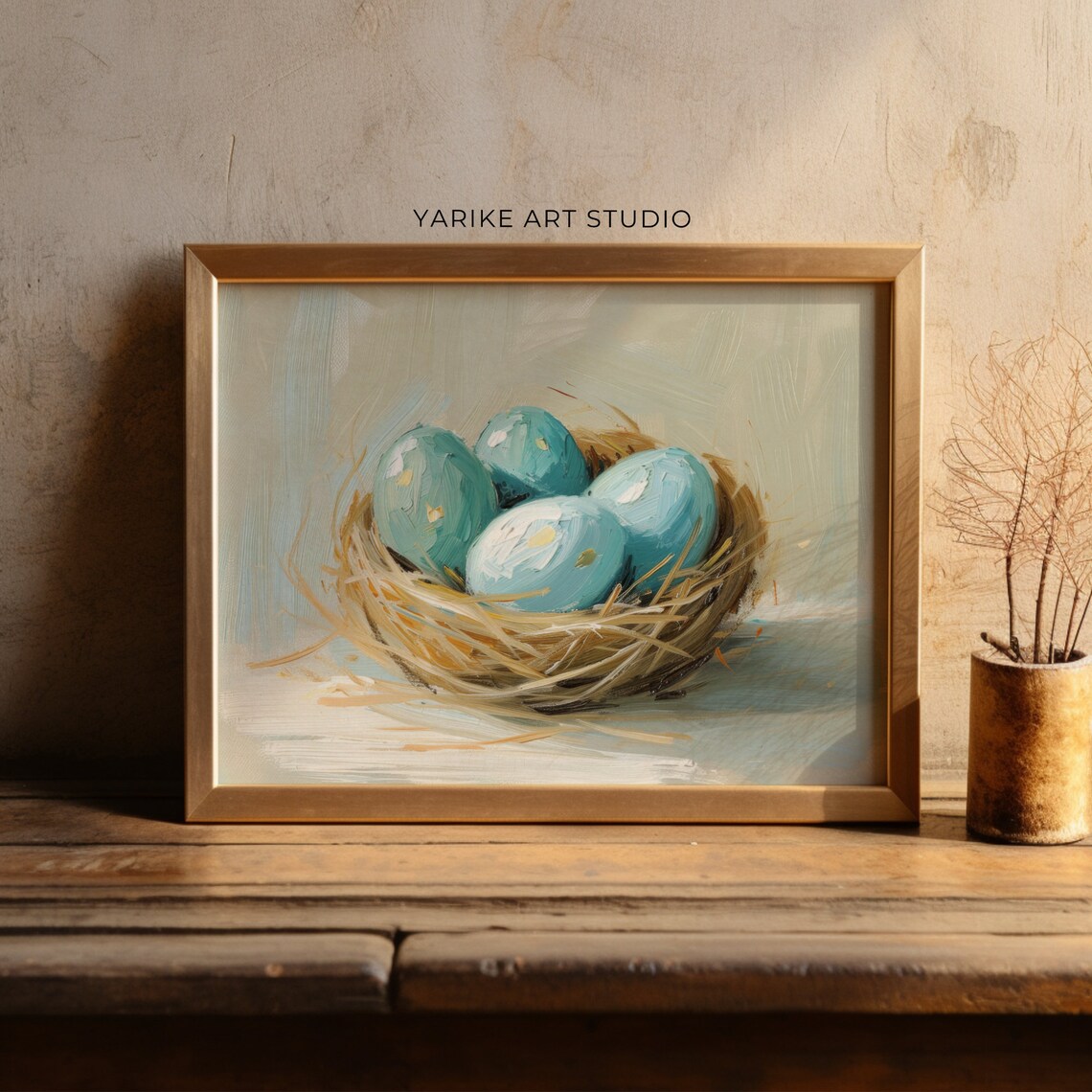 Blue Bird Eggs in Nest Oil Painting Spring Still Life Poster