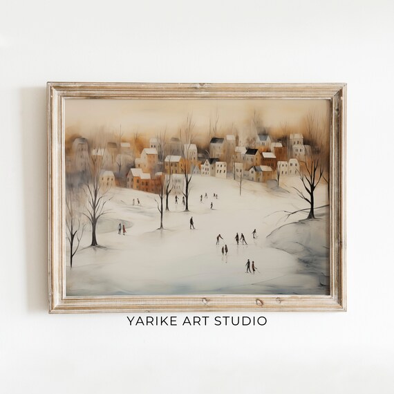 Vintage Winter Village Ice Skaters Frozen Pond Snowy Town Poster