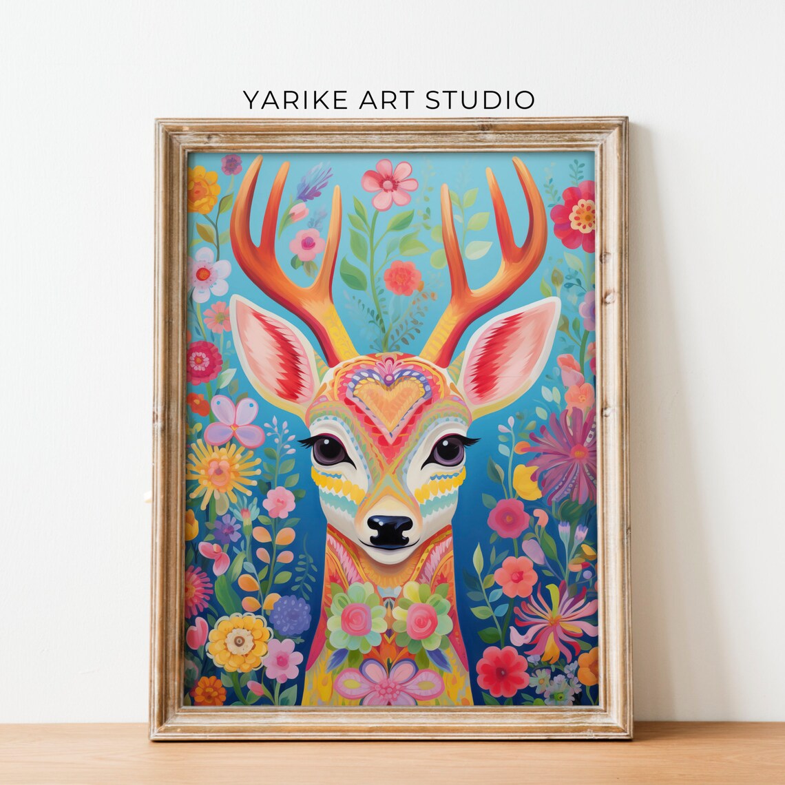 Colorful Folk Art Deer With Antlers And Floral Pattern Poster - Image 2