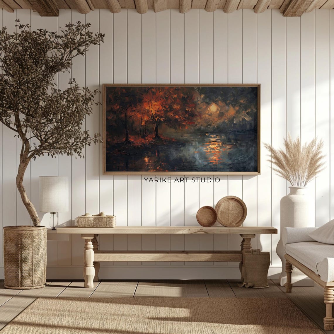 Fiery Autumn Tree by Moonlit Water Night Reflections Art Poster - Image 2
