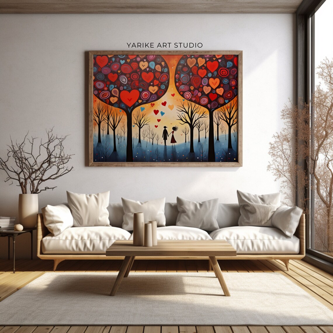 Couple Under Heart Trees In Snowy Woodland Folk Valentine Poster