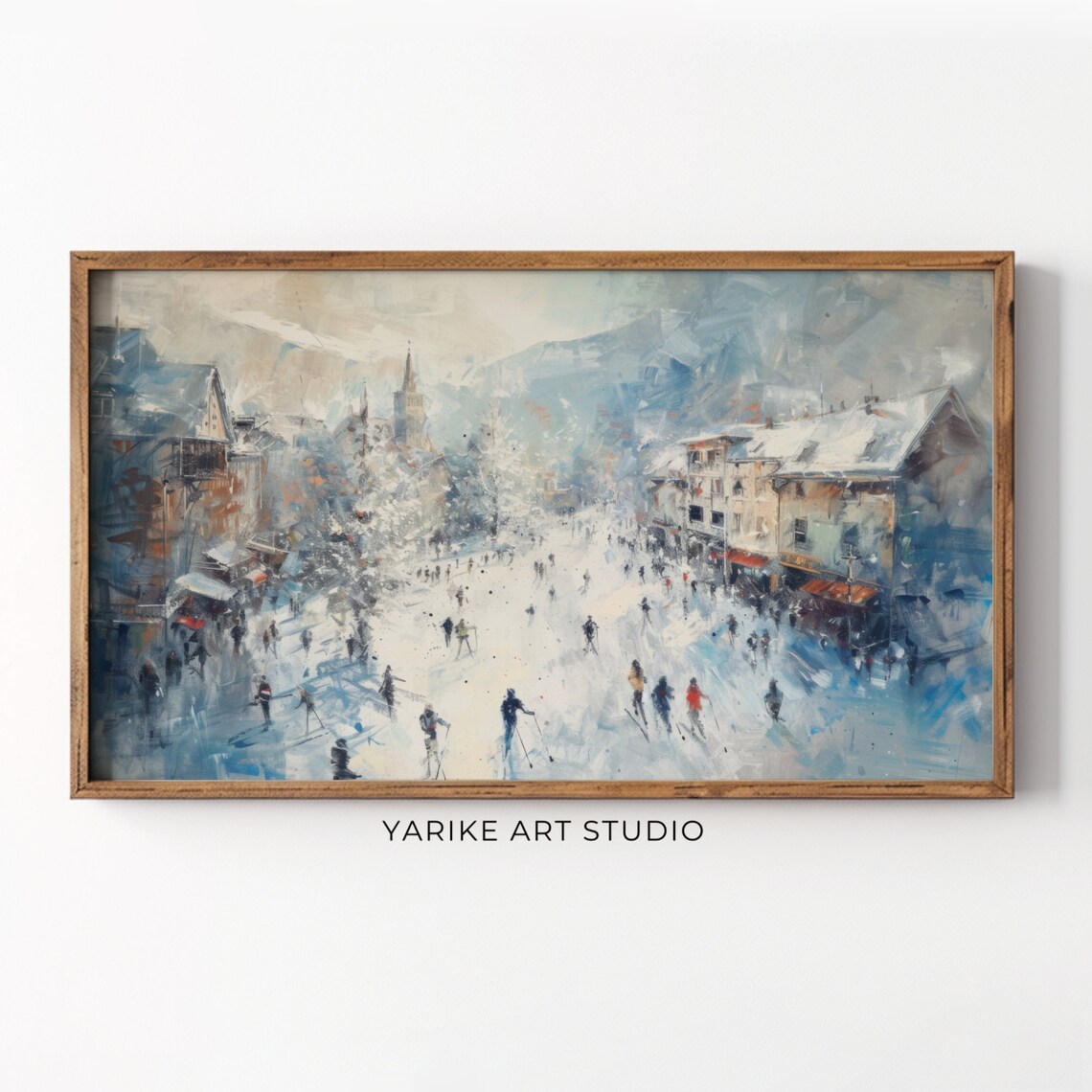 Skiers in Snowy Alpine Town Square Winter Vintage Ski Scene Poster