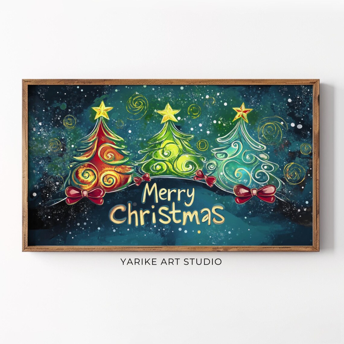 Merry Christmas Swirling Trees Starry Night Colorful Holiday Poster