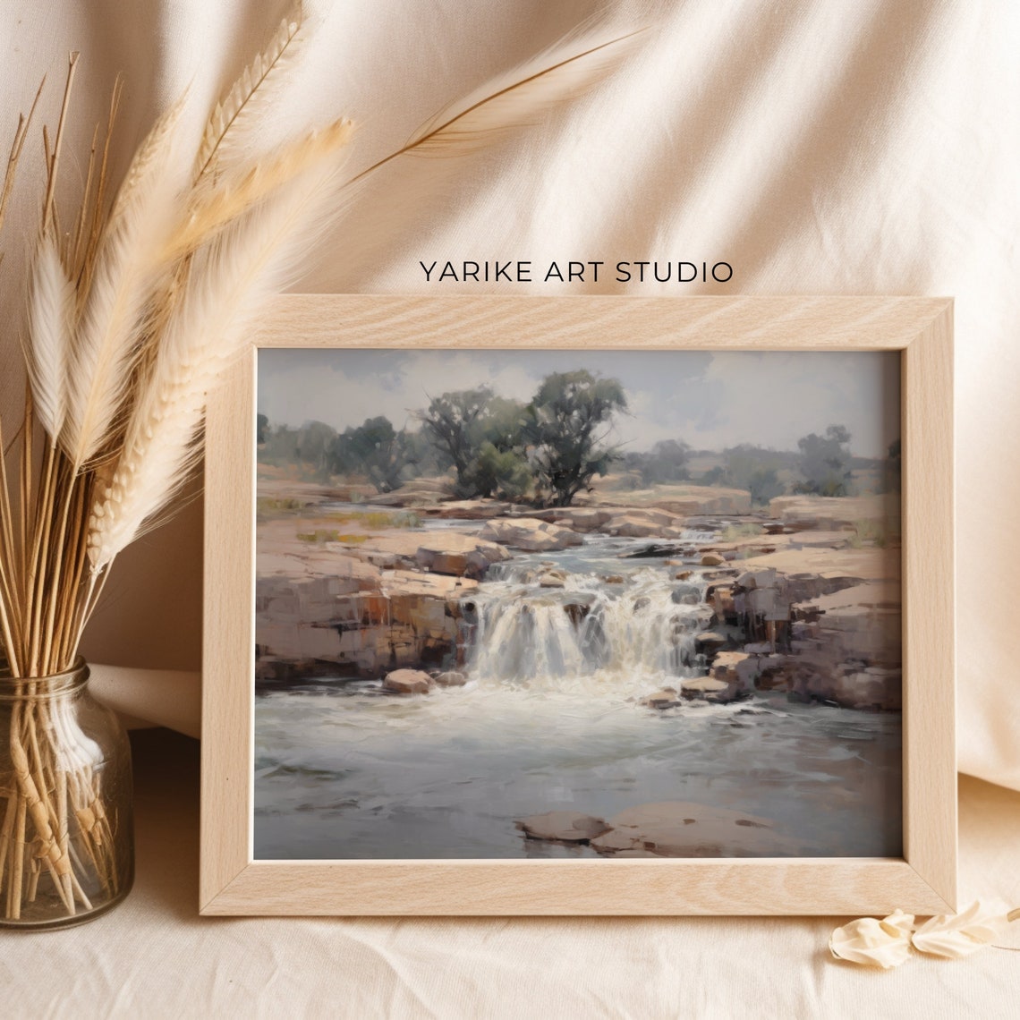 Rocky Waterfall Cascading River Moody Earth Tone Landscape Poster - Image 2