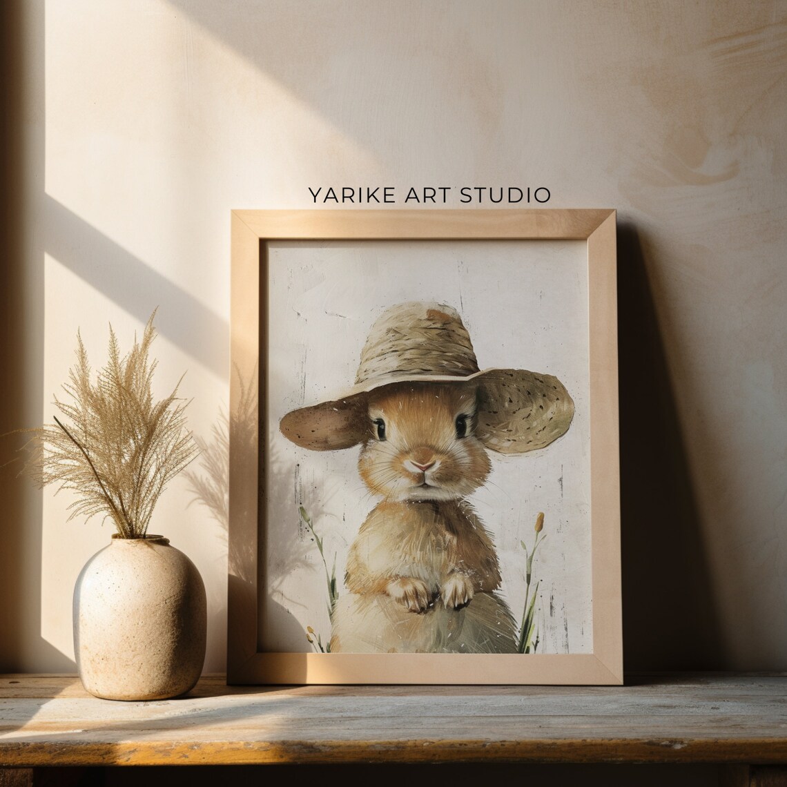 Adorable Bunny Wearing Straw Hat Cute Portrait Painting Poster