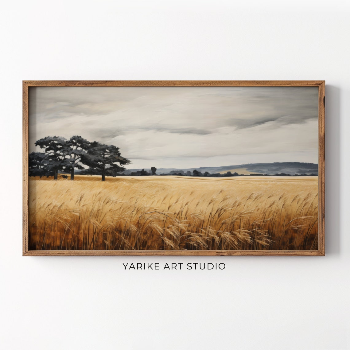 Moody Golden Wheat Field Dark Trees Stormy Sky Rustic Art Poster
