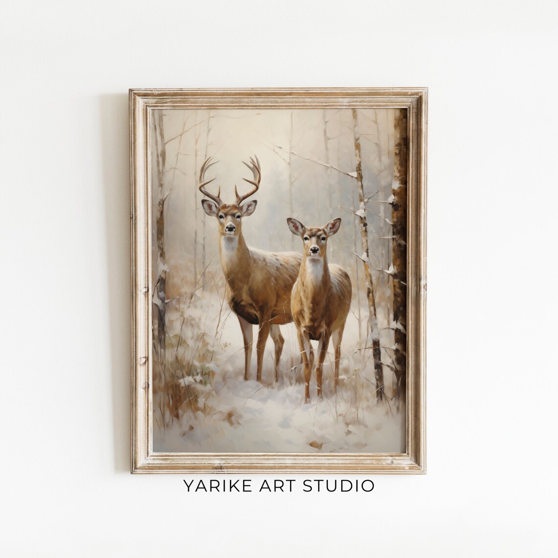 Buck and Doe Snowy Birch Forest Winter Wildlife Painting Poster