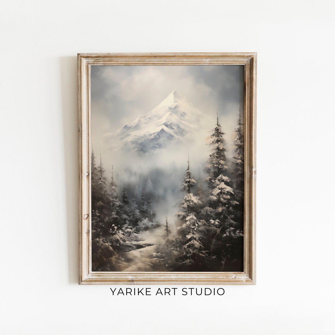Snowy Pine Forest Misty Mountain Peak Vintage Winter Scene Poster