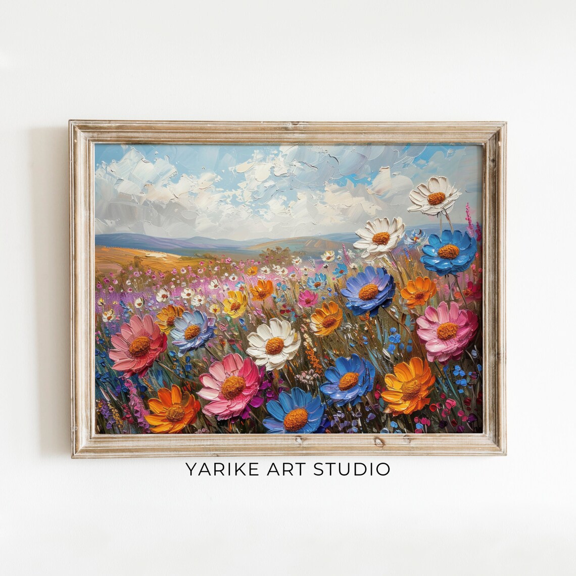 Vibrant Wildflower Meadow with Colorful Daisies Under Blue Sky Poster