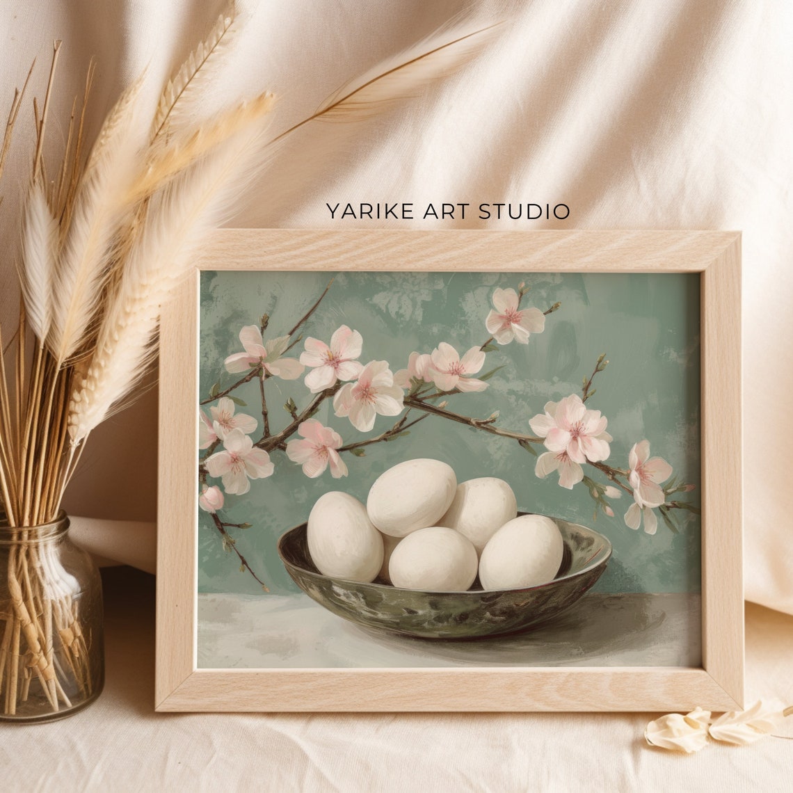 White Eggs Bowl Cherry Blossom Branch Spring Still Life Poster - Image 2