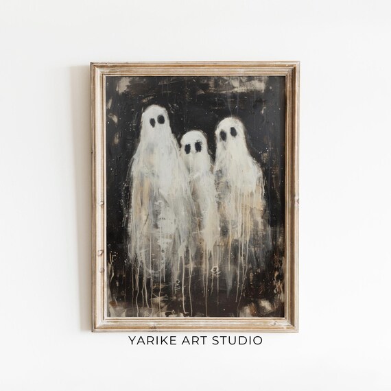 Three White Ghosts On Black Cute Vintage Spooky Halloween Poster
