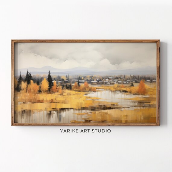 Golden Autumn Wetlands With Pines And Distant Mountains Poster