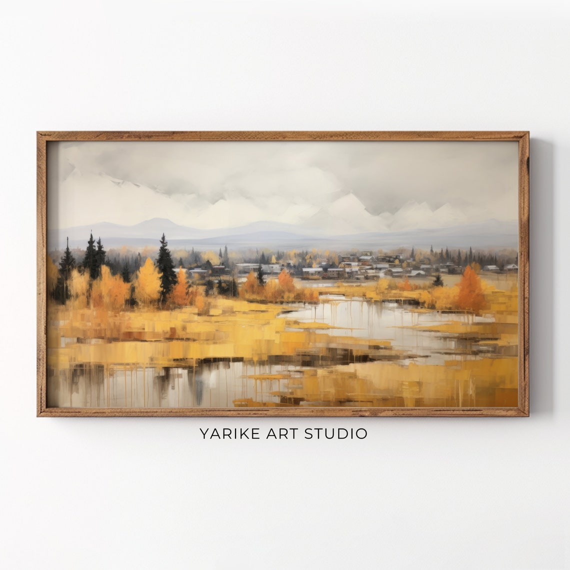 Golden Autumn Wetlands With Pines And Distant Mountains Poster
