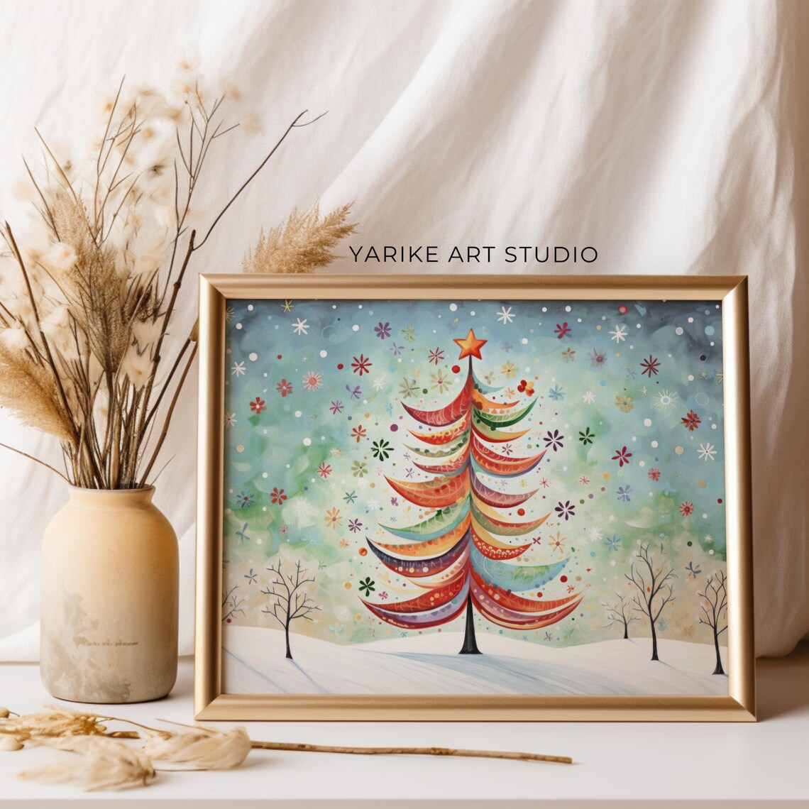 Colorful Folk Art Christmas Tree Star Topper Winter Holiday Poster - Image 2