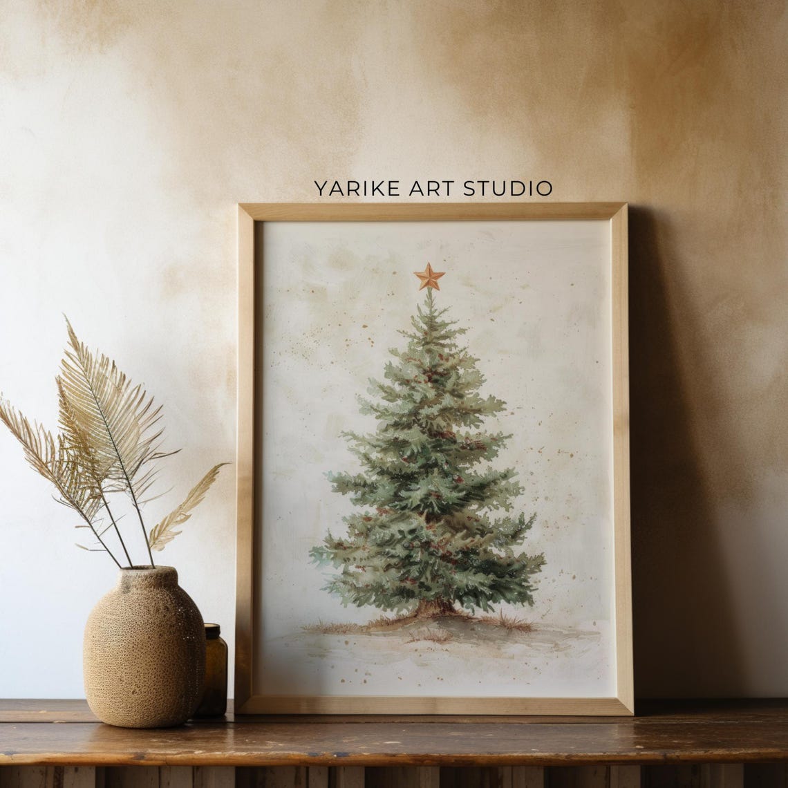 Minimalist Watercolor Christmas Tree With Gold Star Holiday Poster - Image 2