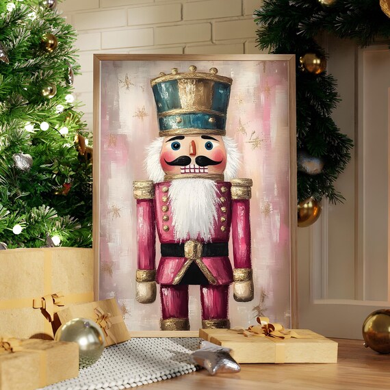 Nutcracker Soldier Pink Vintage Christmas Painted Retro Wall Art