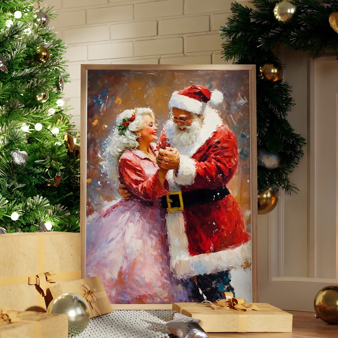 Santa and Mrs Claus Dancing Together Vintage Christmas Romance Poster