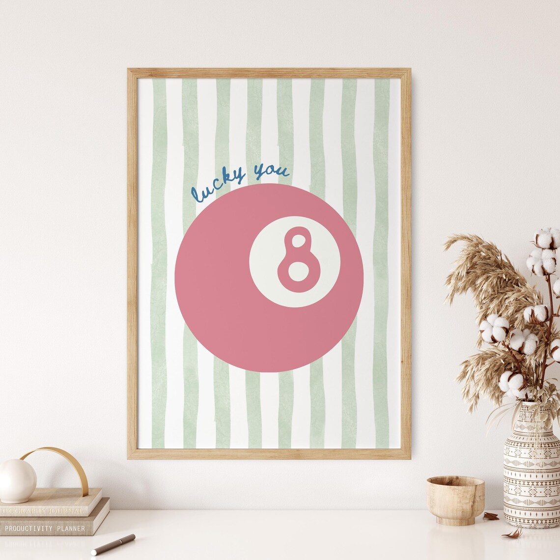 Lucky You Pink Eight Ball Retro Striped Preppy Dorm Room Poster Art