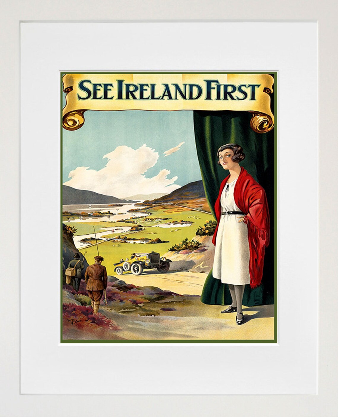 See Ireland First Red Shawl Lady Lakeside Vintage Motor Tour Poster