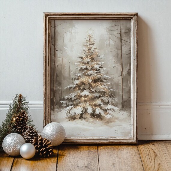 Snowy Christmas Tree In Misty Winter Forest Vintage Painting Print