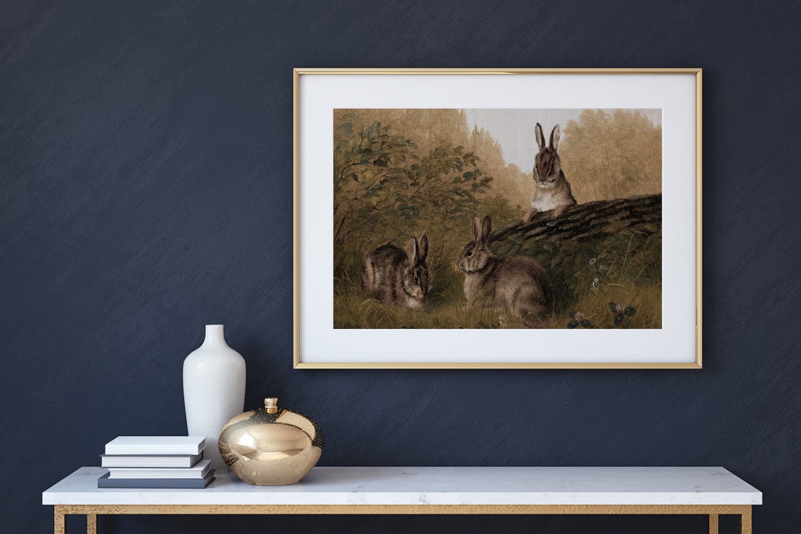 Three Woodland Rabbits Vintage Forest Wildlife Painting Poster - Image 2