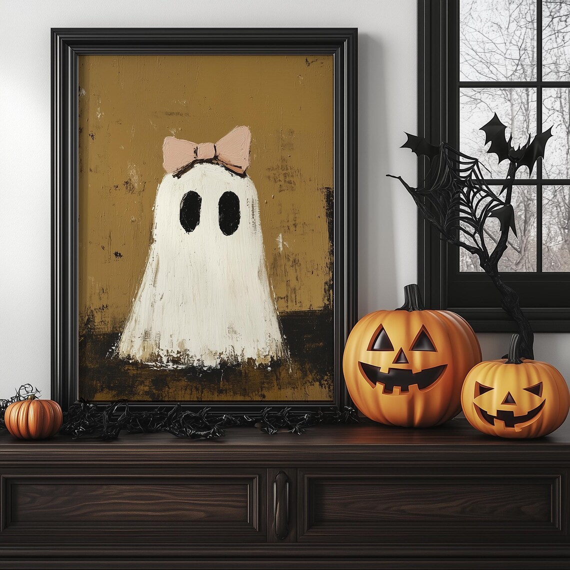 Cute Halloween Ghost Pink Bow Mustard Spooky Season Art Print - Image 2
