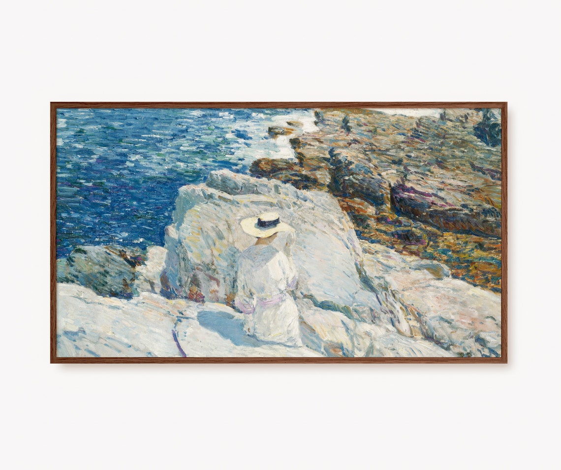 Frame Tv Art Vintage Woman Seascape Print Summer Sea Coastal Oil Painting White Rocks Antique Wall Art 4k Tv