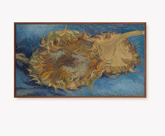 Frame Tv Art Van Gogh Sunflowers Oil Painting Moody Blue Yellow Floral Antique Artwork